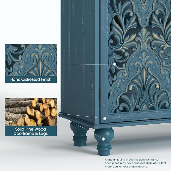 JOINICE 47" Tall Accent Cabinet with Carved Doors & Storage for Living Room | Vertical Storage for Dining Room,Bedroom, Carved Floral Design, Farmhouse & Rustic Style, Adjustable Shelves, Easy Assembly