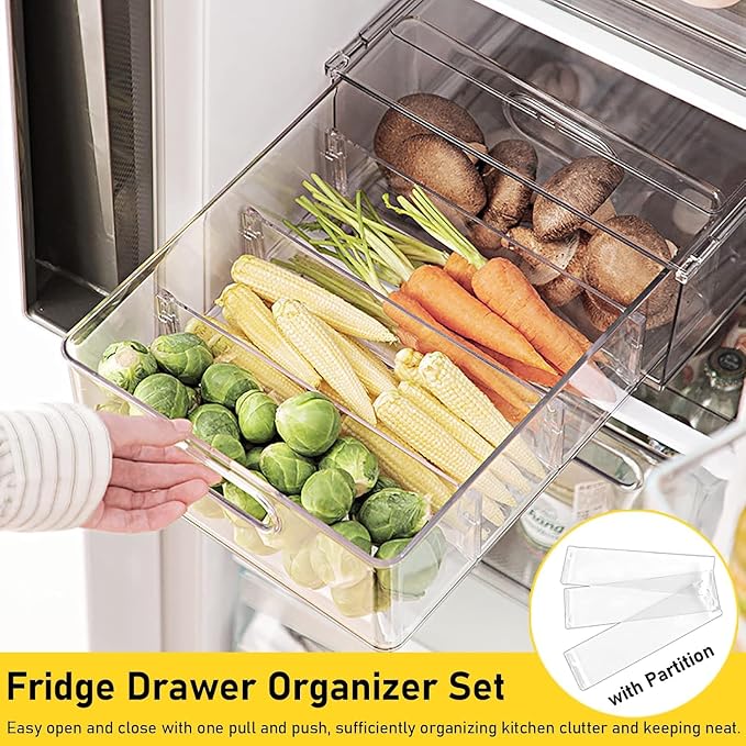 Refrigerator Organizer Bins with Pull-out Drawer 6 Pack Stackable Clear Fridge Drawer Organizer Fruit Vegetable Storage Containers for Kitchen Pantry Organization (2 Small)