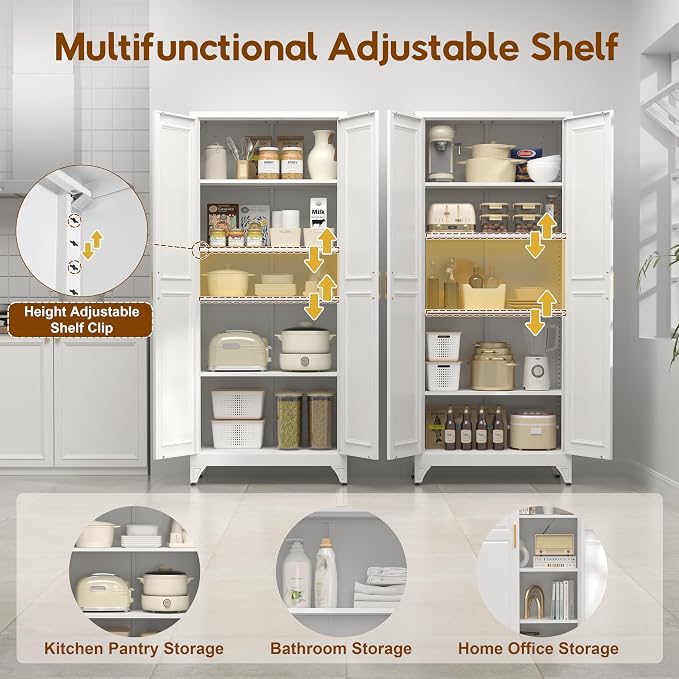 UNICOLY 75" Kitchen Pantry Cabinet,Metal Tall Storage Cabinet with Doors | Kitchen Storage Cabinets with 4 Shelves,Pantry Storage for Kitchens, Living Room, Dinning Room, Assembly Required, White