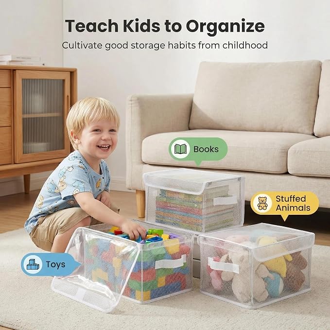 3-Pack 1 1.8"×9.45"×6.7" Clear Storage Bins with Lids & Handles, Foldable | Clear PVC transparent design,11 lbs load-bearing capacity,Kids toys/books/stuffed animal storage