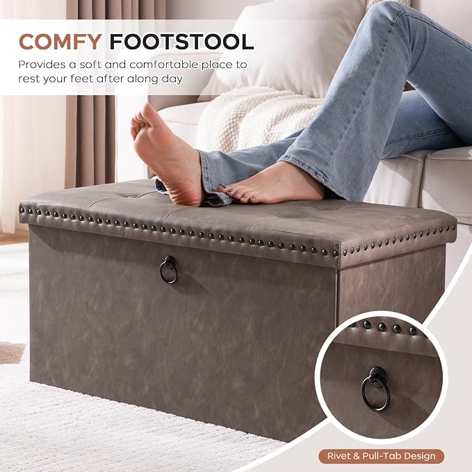 30 Inches Storage Ottoman Bench, Foldable Foot Rest with Rivet Design, 15 x 30 x 15 Inches, End of Bed Bench Footstool, Storage Chest, Load up to 330 lb, for Living Room, Bedroom, Entryway, Oak Brown