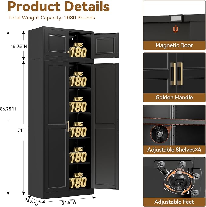 Polup 86" Tall Metal Kitchen Pantry Storage Cabinet with Doors and Shelves | Heavy-Duty Black Cabinet, 4 Adjustable Shelving, Gold Handles, Magnetic Latch, for Dining Living Room, Bathroom & Garage