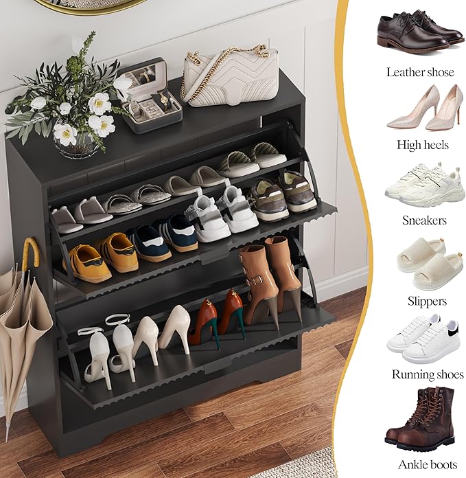 HUANLEGO Shoe Cabinet Storage for Entryway with 2 Flip Drawers, Black Fluted Shoe Cabinet with Open Storage, Wooden Hidden Shoe Rack Freestanding Narrow Slim Shoes Organizer for Hallway, Entrance