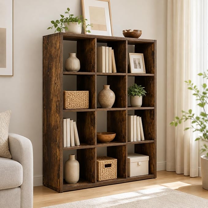12-Cube Cubicle Bookshelf, Cube Bookcase with Open Back, Reversible Book Shelf, Cube Storage Organizer, 15 x 44 x 58, for Living Room, Home Office, Amber Pine
