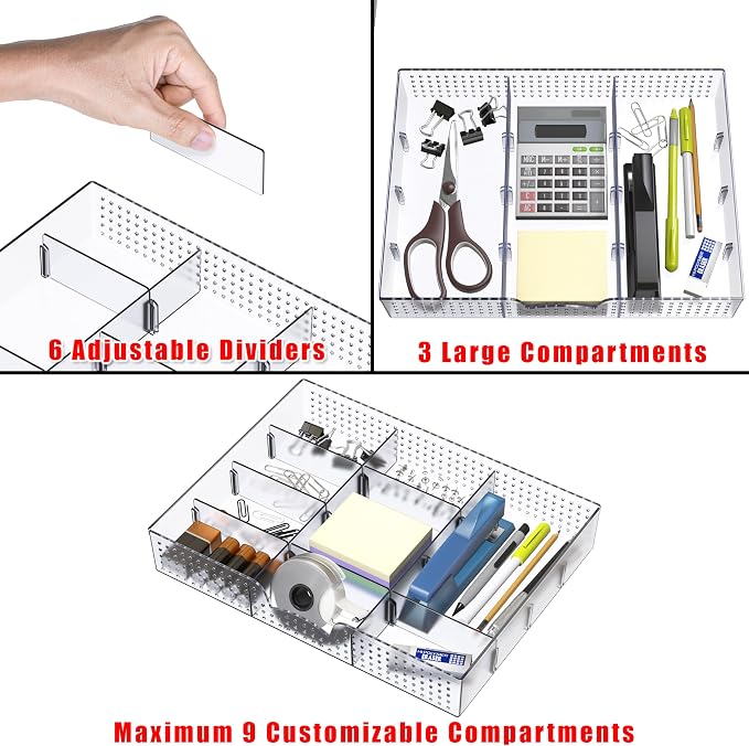 Simple Houseware Drawer Organizer Tray, 9 Adjustable Compartments, Clear | For Office, Makeup, and Craft Drawer or Desktop Storage