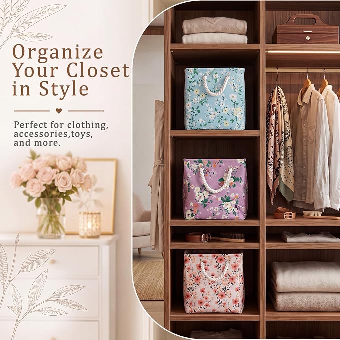 6 Pack Boho Floral Storage Bins 6 Pack, 11 Inch Cube Fabric Storage Baskets | Foldable Fabric Cube Baskets with Reinforced Handles, Floral Laundry Nursery Hamper, for Shelves, Closets, Room Organization