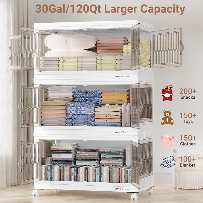 BROVIEW 360Qt Stackable Storage Bins with 3 Lids, Front and Side Open Doors, Plastic Collapsible Closet Organizer and Storage Cabinet, Foldable Box with Wheels Drawer for Home Office, 3Pack White