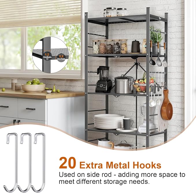 Himix 5-Tier Foldable Storage Shelves with 20 Hooks Wheels Grey Display | Folding shelving units, Metal collapsible organization, Wire shelf, No assembly, Bookshelf, Kitchen, Home rack, Holds 440 Ibs