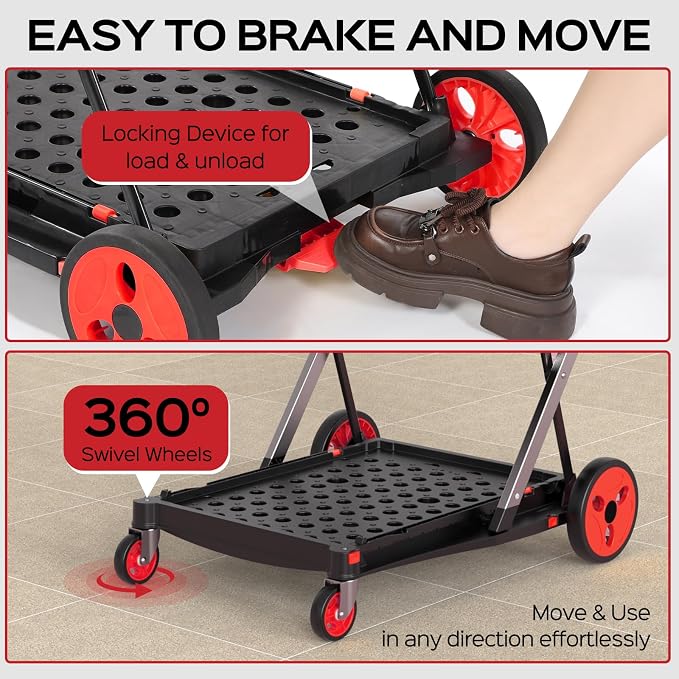 TOLRET Shopping Cart with Wheels, 200 lbs Capacity Grocery Cart on Wheels | Collapsible Shopping Cart with Storage Crate, Platform Hand Truck with Foot Brake, Red