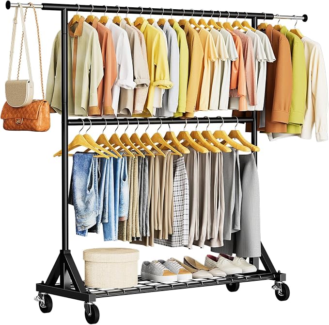 Luxspire Heavy Duty Clothes Rack with Lockable Wheels Load 600 LBS, Black | Double hanging rods, heavy-duty iron mesh frame, adjustable extendable rods, ideal for laundry room & bedroom garment storage