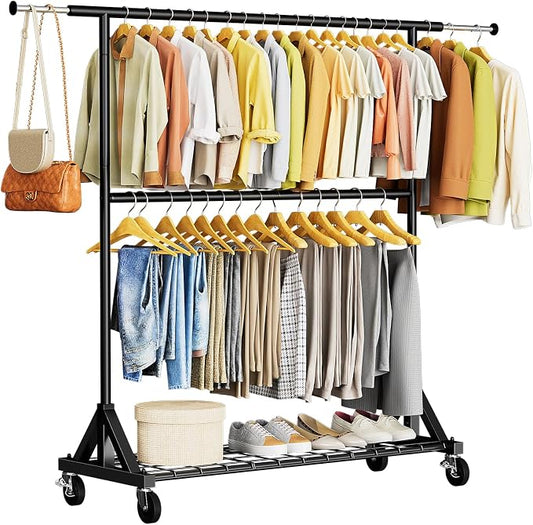 Luxspire Heavy Duty Clothes Rack with Lockable Wheels Load 600 LBS, Black | Double hanging rods, heavy-duty iron mesh frame, adjustable extendable rods, ideal for laundry room & bedroom garment storage