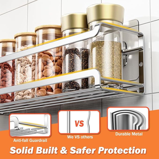 Bunoxea Spice Rack Wall Mounted 2 Pack, Silver,For Spice Jars & Seasonings | 2 Removalble Hooks,Screw or Adhesive Hanging, Space-Saving,For Kitchen Cabinet, Pantry Door,Stove,RV Use,11.41x2.75x2.75in