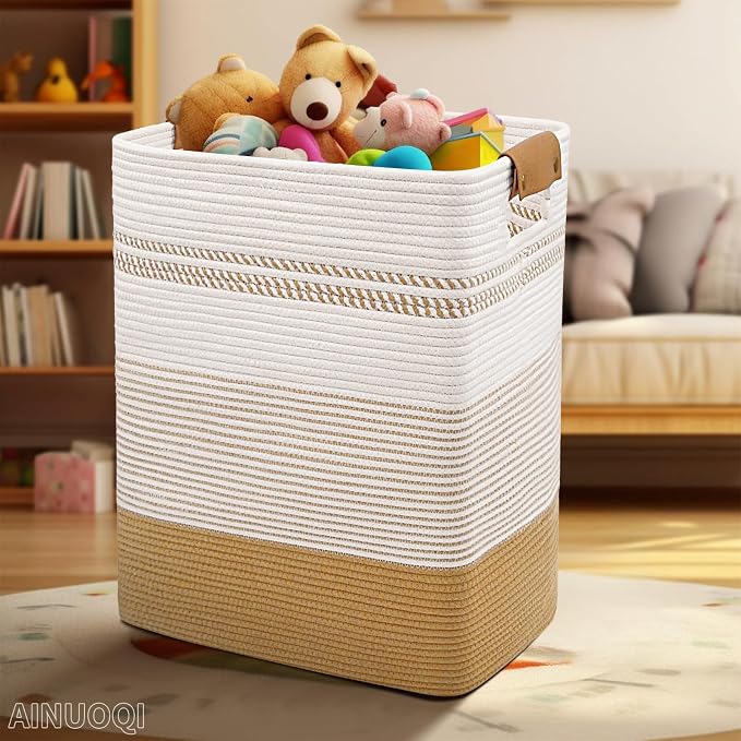 Large Laundry Hamper Basket, 85L Cotton Rope Woven Storage Bin for Blankets, Dirty Clothes Toys, Decorative Tall Basket with Leather Handles for Living Room, Bedroom, Bathroom, Nursery, Jute