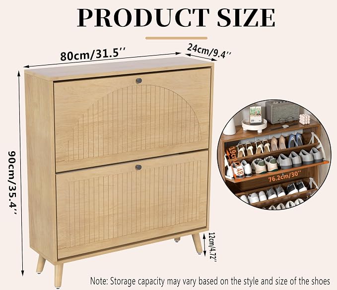 Fsbecl Shoe Storage Cabinet for Entryway with 2 Flip Drawers, Narrow Wood Shoe Cabinet with Fluted Panel, Freestanding Hidden Shoe Organizer for Hallway