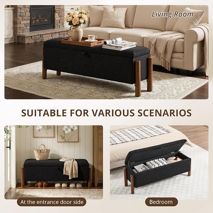 55'' Modern Storage Ottoman Benches | Walnut Wood Legs 26 Gallons Storage Space Fabric Upholstered Seating End of Bed for Bedroom for Livingroom Black