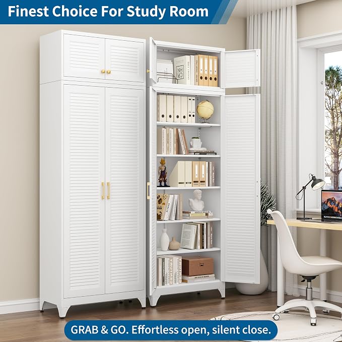 90" Tall Metal Kitchen Pantry Storage Cabinet with Doors | White Freestanding Heavy Duty Steel Cupboard, 5 Adjustable Shelves,Extra Large Organizer for Home and Garage (2 Boxes)