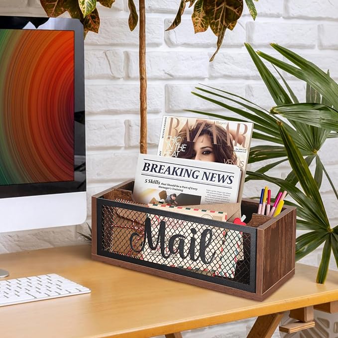 Mail Organizer Mail Holder with 2 Slots | Wooden Mail Basket Mail Sorter for Wall Table Countertop | Bill Envelope Letter Holder for Home Office