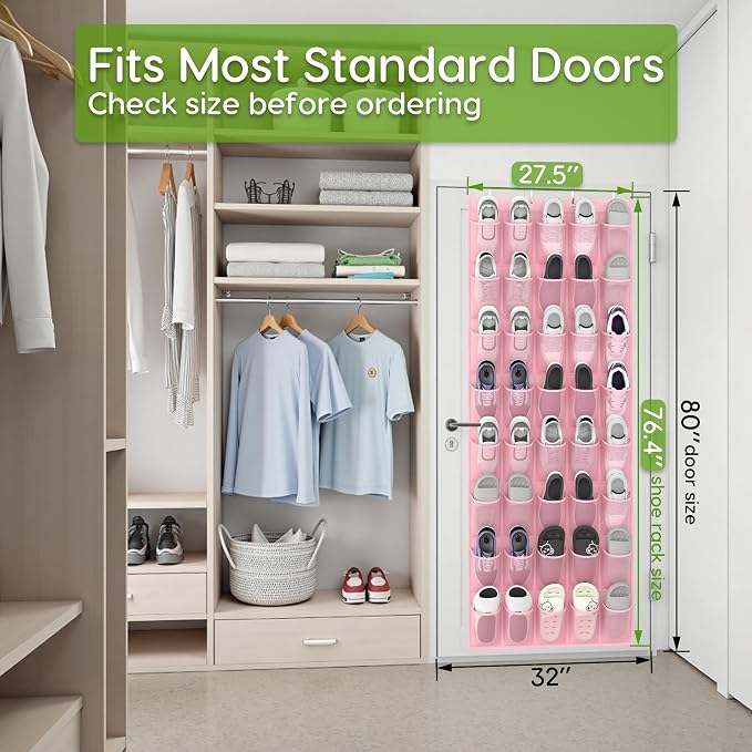 Over the Door Shoe Organizer with 40 Large Breathable Mesh Pockets, Space Saving Shoe Holder, Hanging Shoe Rack for Entryway Bedroom Closet Storage (Pink, 40 Pockets)
