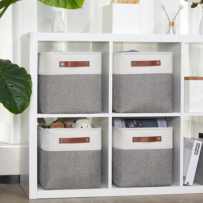 DULLEMELO 11 Inch Cube Storage Bins (Set of 4), Fabric Storage Baskets for Standard Cube Organizers, High-Capacity Collapsible Bins with PU Leather Handles for Closet, Nursery, and Shelves-White&Grey