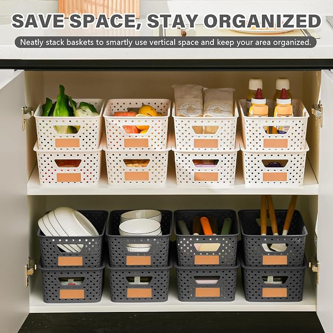 10 Pack Small Plastic Storage Bins with Lids, Stackable Plastic Storage Baskets for Organizing with Handles, Organizer Bins with Labels for Room, Craft, Containers for Pantry Organizers and Storage