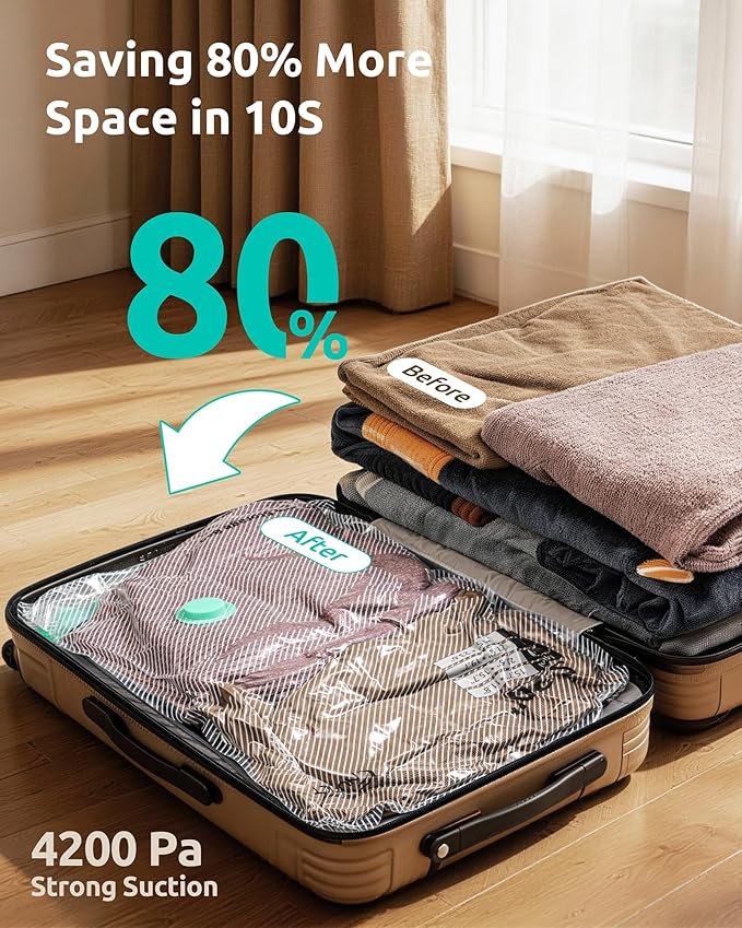 Vacuum Seal Storage Bags for Clothing Travel with Electric Pump, 12 Pack | 4 Sizes, Reusable Compression Packing Bag for Clothes, Blankets, Bedding, Cruise Ship Vacation Luggage & Suitcase Space Saver
