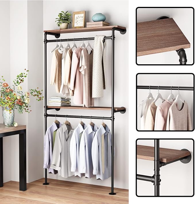 DR.IRON Industrial Pipe Clothing Racks with 2 Tier Shelves, Wall Mounted Black Clothes Rack with Double Hanging Rods Heavy Duty Garment Storage Rack Display Racks Rod for Clothes,Laundry Room