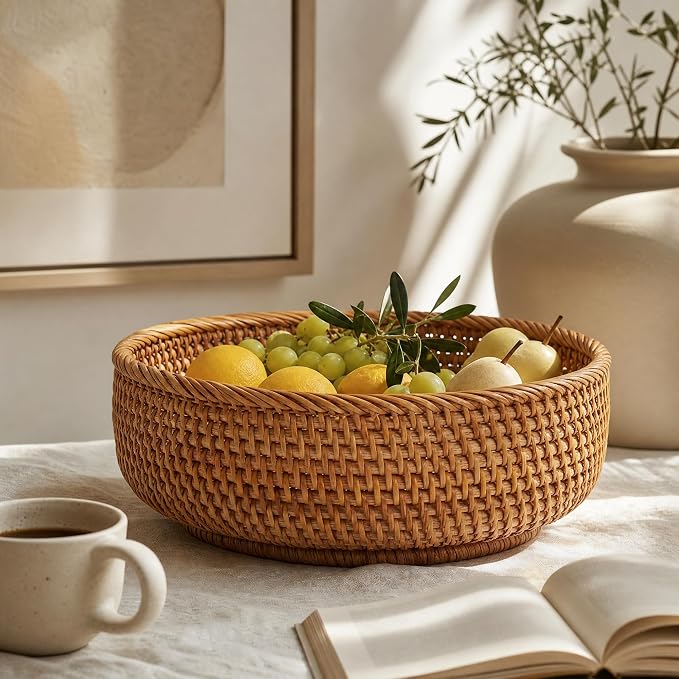 10.6" Large Round Rattan Bread Fruit Basket – Wicker Storage Basket Serving Bowl, Decorative Tabletop Food Basket for Kitchen Counters, Towel Organizer Dining Centerpieces Home Organization (L)