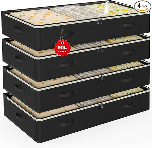 90L Under Bed Storage Containers,4-Pack Closet Organizer Storage Bins,Black | for Organization and Storage Clothes, Shoes, Blankets & Pillows,Visible Transparent Top Storage Bins with Lids
