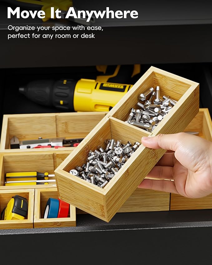 Bamboo Drawer Organizer Set, 6 PCS Desk Drawer Organizer Trays with 12 Compartments, Wood Storage Boxes for Junk Drawer, Kitchen Utensils, Office Supplies, Makeup, Jewelry, Bathroom