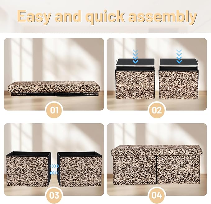 Bsketa Storage Ottoman Bench, 34" Folding Velvet Foot Rest,Leopard Print | Large Ottoman with Storage, Thicker Foam Padded Seat, Livingroom, Dorm, Bedroom, Easy to install, 86L,34 x 13 x 13in