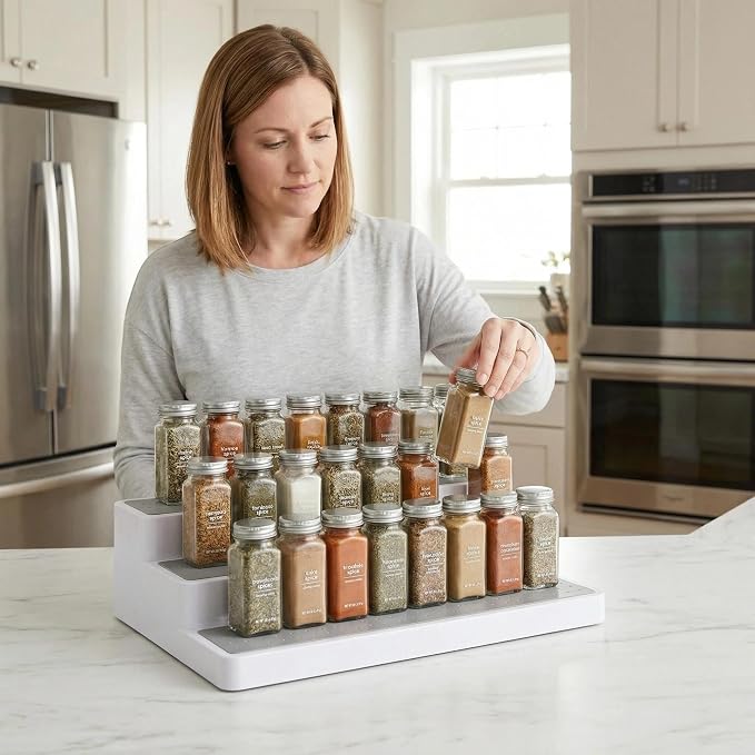 YAN & HIN 3 Tier Spice Rack Organizer for Cabinet, 3 Pack Non-Slip Spice Rack Shelf Organizer, Holds 24+ Jars, Plastic Spice Organizer for Cabinet, Pantry & Kitchen Countertop, White