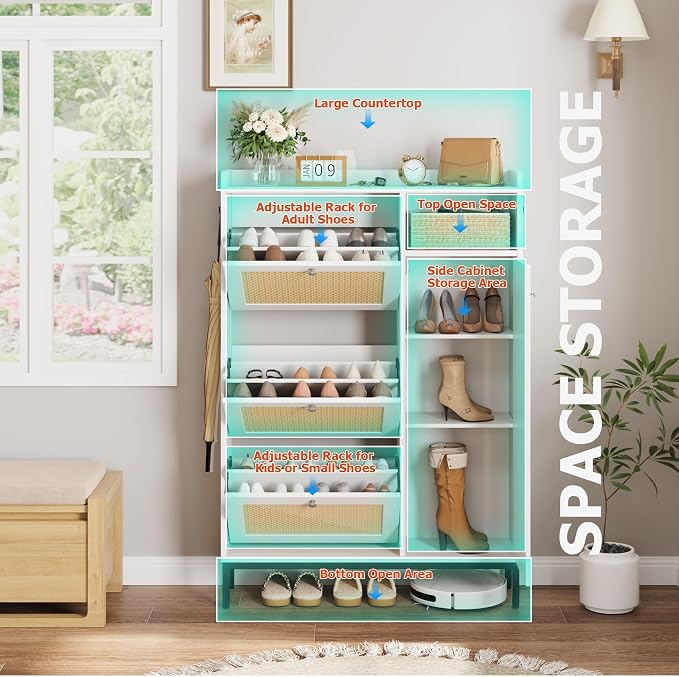 Garvee Shoe Cabinet with 3 Flip Drawers and 4-Tier Shoe Storage Cabinet, Freestanding Shoe Organizer with Adjustable Shelf and Rattan Doors for Entryway, Closet, Hallway