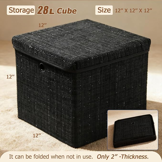 modscape 12x12x12 Collapsible Fabric Cube Storage Bins with Lids | Clothes storage bins for shelves, closet, bedroom. Decorative boxes with lids, treasure box for classroom(Shining Black, 3)
