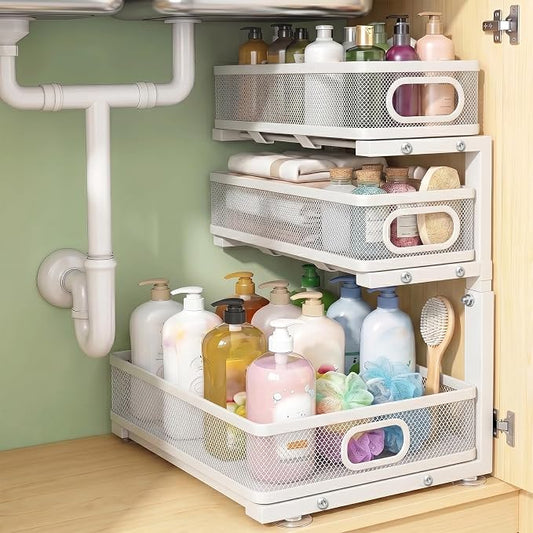 Under Sink Organizer, 3-tier Under Sink Storage Organizer Adjustable Height Easy Assembly Pull Out Cabinet Organizers Basket for Bathroom Kitchen Pantry Home Organization