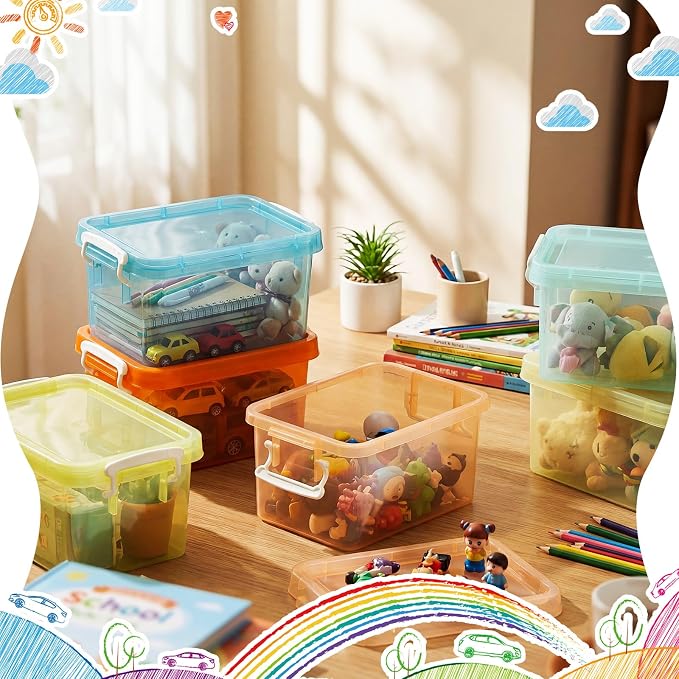 12 Pack Colorful Plastic Storage Bins with Lids 4 Quart Small Storage Latch Box Stackable and Nestable Clear Organizer Bins with Latching Handle and Buckle for Organizing (Pastel)