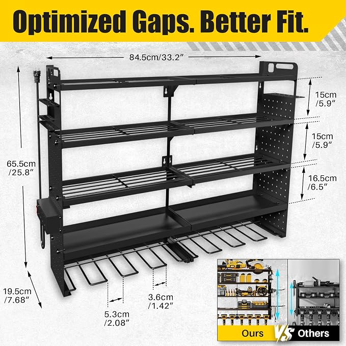 5-Tier Power Tool Organizer Wall Mount, 4-Outlet Charging Station, Garage Storage Rack with 8 Drill Holders, 34" Heavy Duty Metal Utility Shelf, Holds Over 30 Tools for Garage Workshop