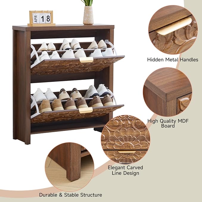 weselon Flip Drawer Shoe Cabinet Set of 2, Narrow Shoe Storage Cabinet, 2-Tier Hidden Shoe Organizer with Carved Floral for Entryway, Slim Shoes Storage for Hallway Foyer (2, Walnut)