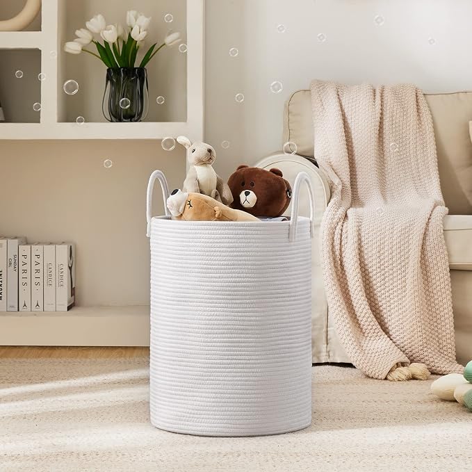 Woven Rope Laundry Hamper Basket by YOUDENOVA, 72L Tall Luandry Basket, Baby Nursery Hamper for Blanket Storage in Bedroom-Large-Pure White | Large Woven Laundry Hamper with Sturdy Handles, Collapsible Home Decor Laundry Basket for Laundry, Clothes, To...
