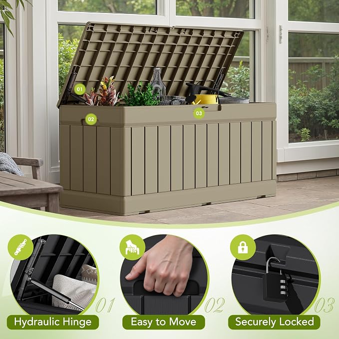 Devoko 78 Gallon Deck Box, Waterproof Resin Outdoor Storage Box | Outdoor Storage Bench Lockable for Outside and Patio Furniture, Garden Tools and Pool Supplies