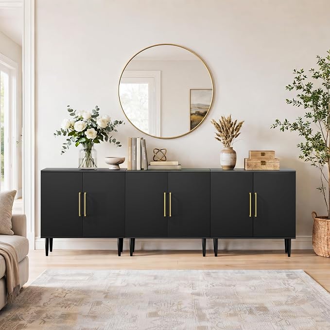 Set of 3 Black Storage Cabinet with Doors, Modern Accent Cabinet, Free Standing Cabinet with Adjustable Shelf, Wooden Buffet Sideboards for Living Room, Kitchen, Dining Room, Entryway