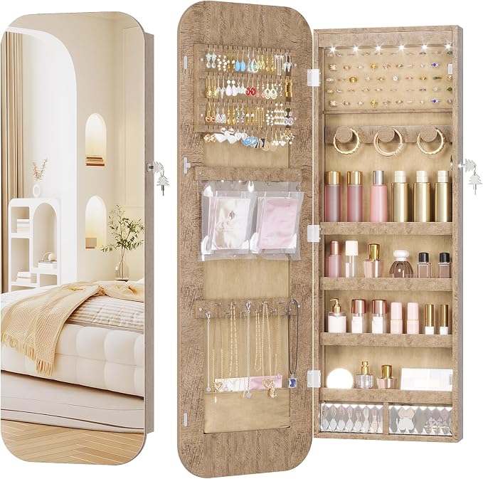 6 LEDs Mirror Jewelry Cabinet Door Hanging, 42.5", Lockable, Brown | Jewelry Organizer with Full Length Mirror, Wall Mounted Large Jewelry Storage for Earrings, Rings, Necklaces