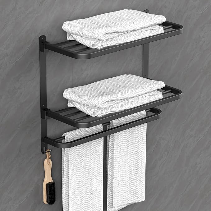 CAXIMSY 22.8Inch Towel Rack for Bathroom and Lavatory Towel Hanger with Wall Mount Towel Bars 304 Stainless Steel No Drill (Collapsible Black Towel Rack)