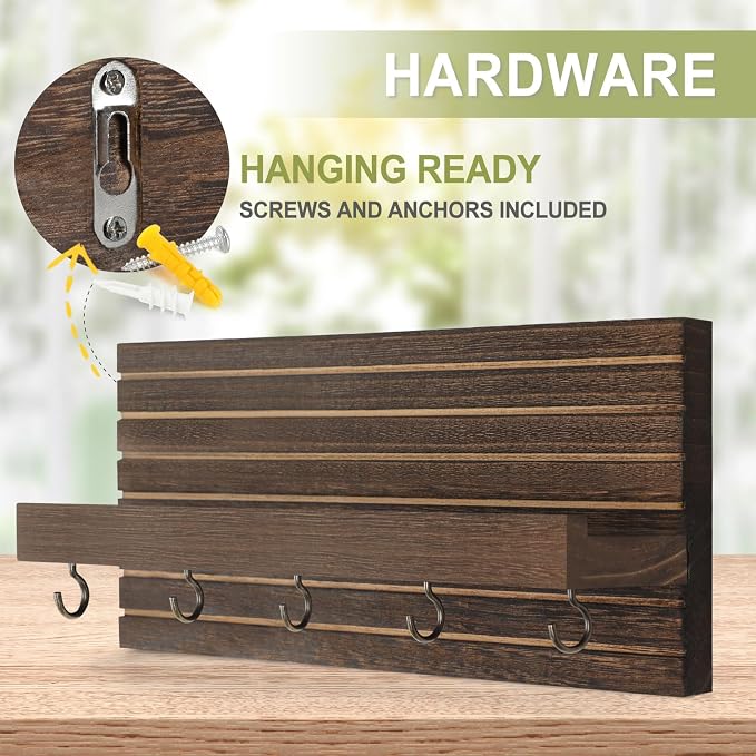 Lwenki Decorative Key Holder for Wall with Shelf, Entryway Shelf with Hooks Holds Leashes, Jackets and Glasses – Sturdy Wood Keyholder Entrance Hanger with Mounting Hardware (Brown, Medium)