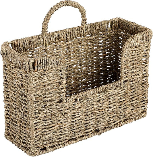 BTSKY Woven Hanging Magazine Holder, Seagrass Magazine Basket, Wall Mounted Storage Basket for Books & Files, Wall File Organizer Magazine Rack with Handle for Home & Office - 12x4.3x7.9 Inch