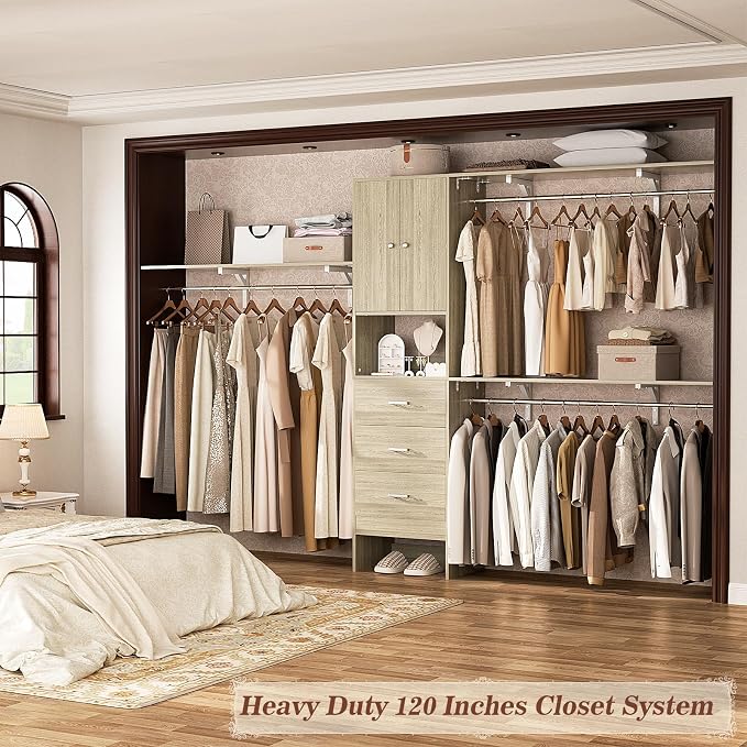 120 Inches Closet System With Doors, 10FT Walk In Closet Organizer with 3 Shelving Towers, Heavy Duty Clothes Rack with 3 Drawers, Built-In Garment Rack, Max Load 1300 LBS, White Oak