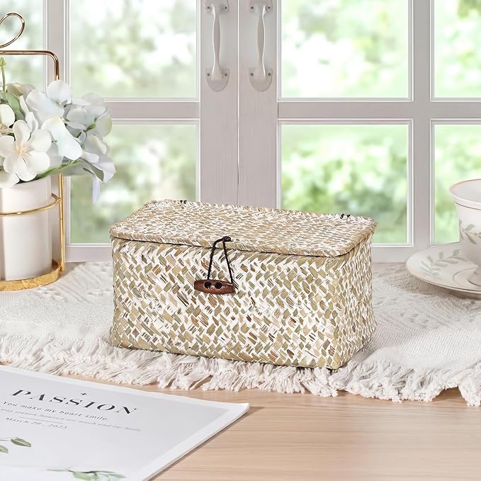 Handwoven Seagrass Basket Small Wicker Basket with Lid,7x4.3x 3.3" | Natural Decorative Box for Shelf, Multipurpose Desktop Organizer Bin for Key & Remote Control, Whitewash