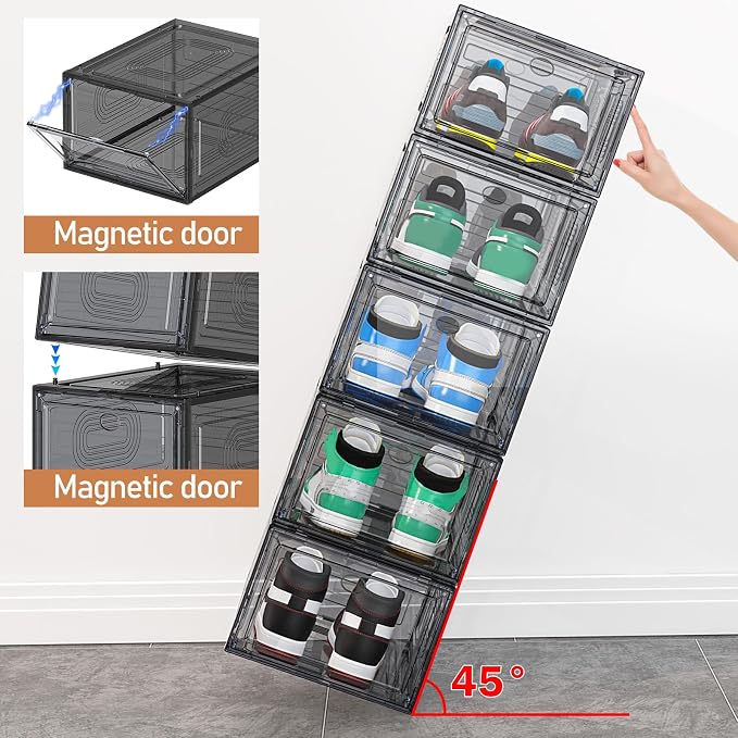 10 Pack Shoe Organizer Stackable | Upgraded Sturdy Shoe Storage Box with Magnetic Door,Shoe Containers For Sneaker Display,Hat Organizer,Black
