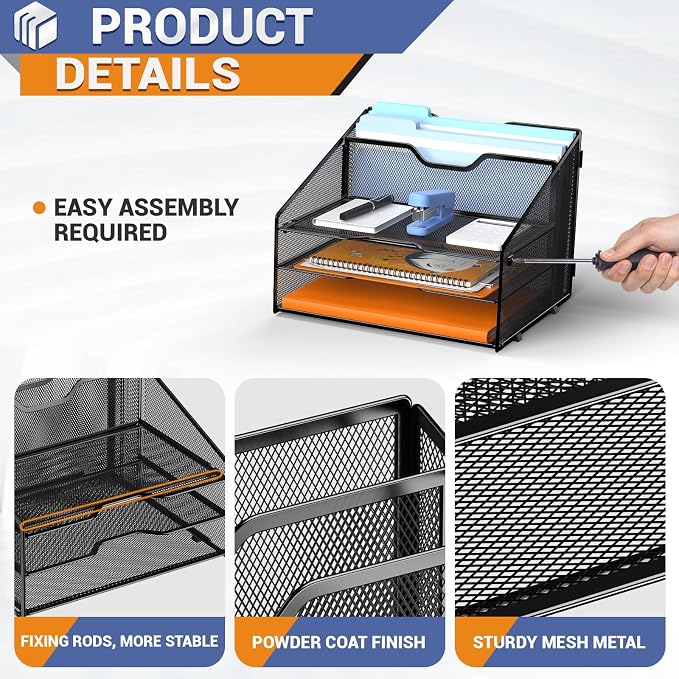 GAWERK Letter Tray Organizer, Mesh Desk File Organizer with 3 Paper Trays and 2 Vertical Upright Section (White)