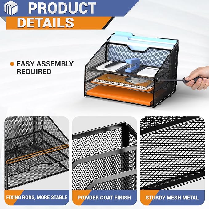 GAWERK Letter Tray Organizer, Mesh Desk File Organizer with 3 Paper Trays and 2 Vertical Upright Section (Blue)