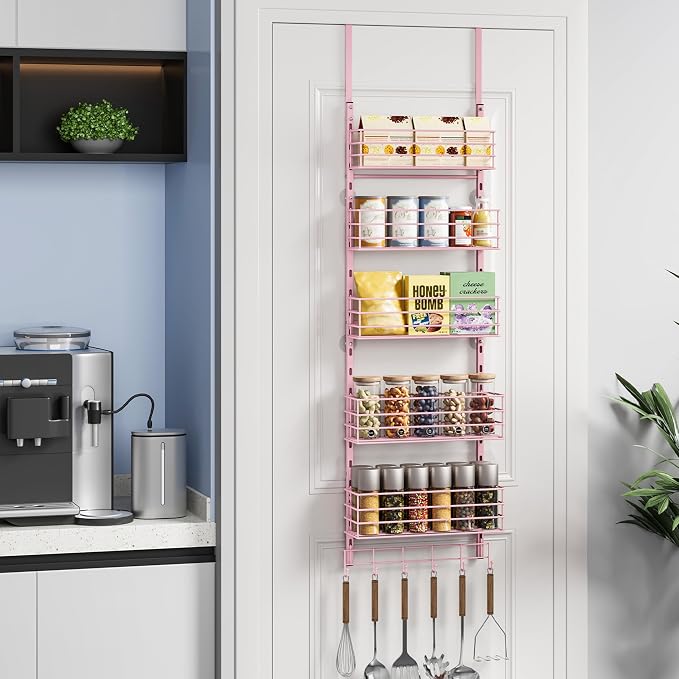 SWTYMIKI Over The Door Organizer - Door Organizer Hanging with 5 Adjustable Metal Large Capacity Basket and 6 Coat Hook, Wall Mounted Shelf for Bedroom Closet Bathroom Laundry Pantry Cabinet Kitchen